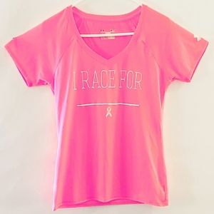 Under Armour Pink V-Neck "I Race For 🎗" T-Shirt